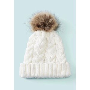 White Cable Knit Faux Fur Pom Pom Beanie